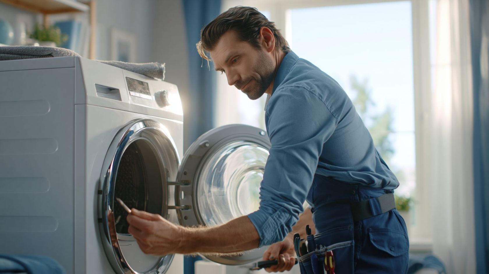 Technician repairing a front-load washing machine