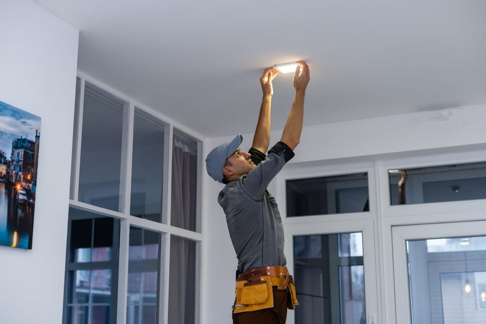 Technician installing a ceiling light fixture in a bright room