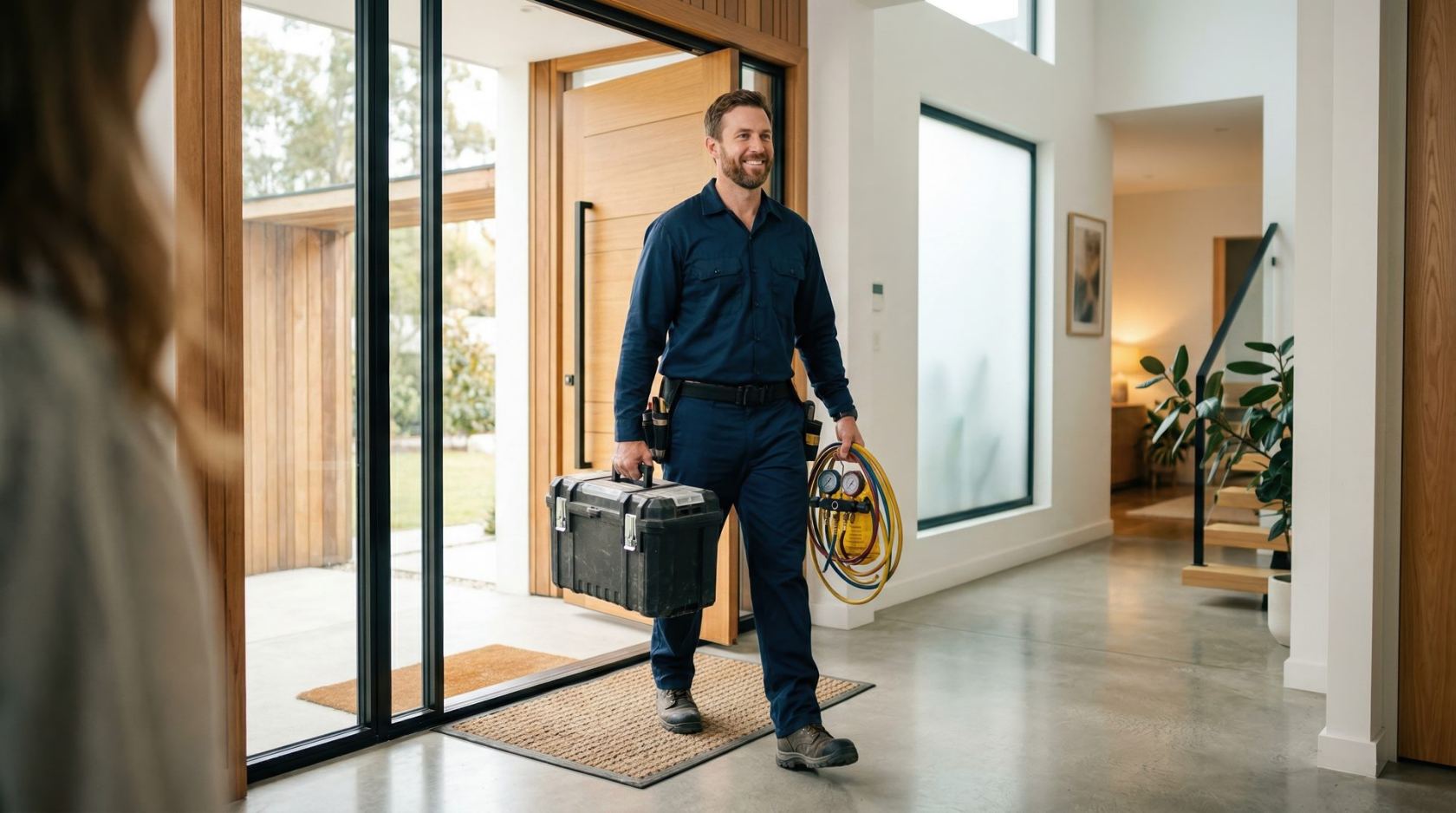 Technician with a toolbox arriving through a bright front door