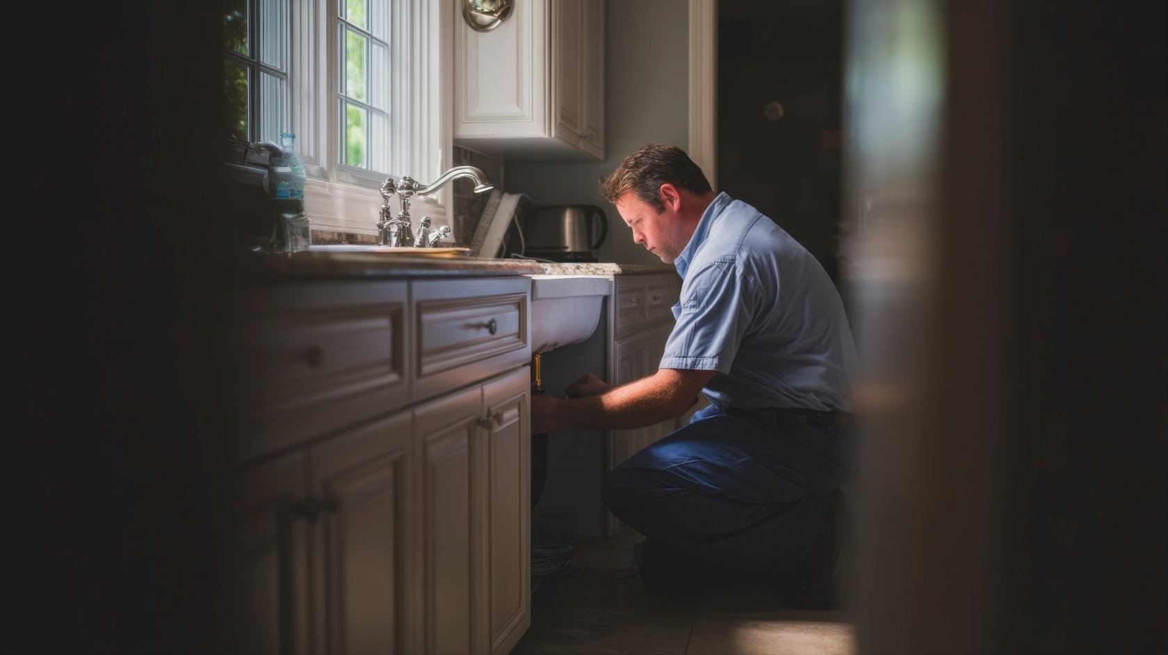 Close detail of careful work inside an under-sink cabinet