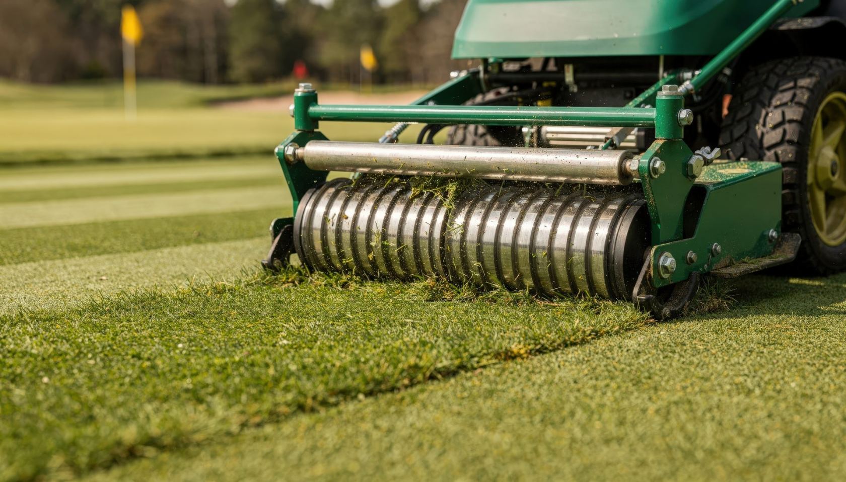 Lawn aerator working across a yard