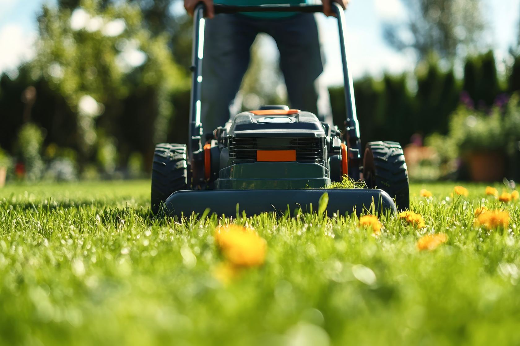 Mower laying a crisp stripe across a green lawn