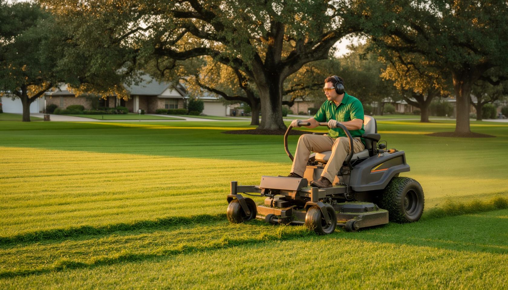 Zero-turn mower laying a fresh stripe on the weekly route