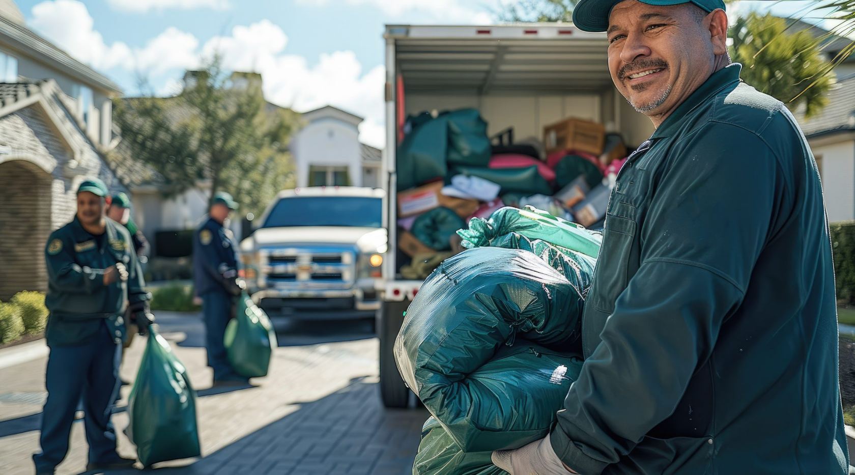 A hauling crew loading bags onto a truck outside a home