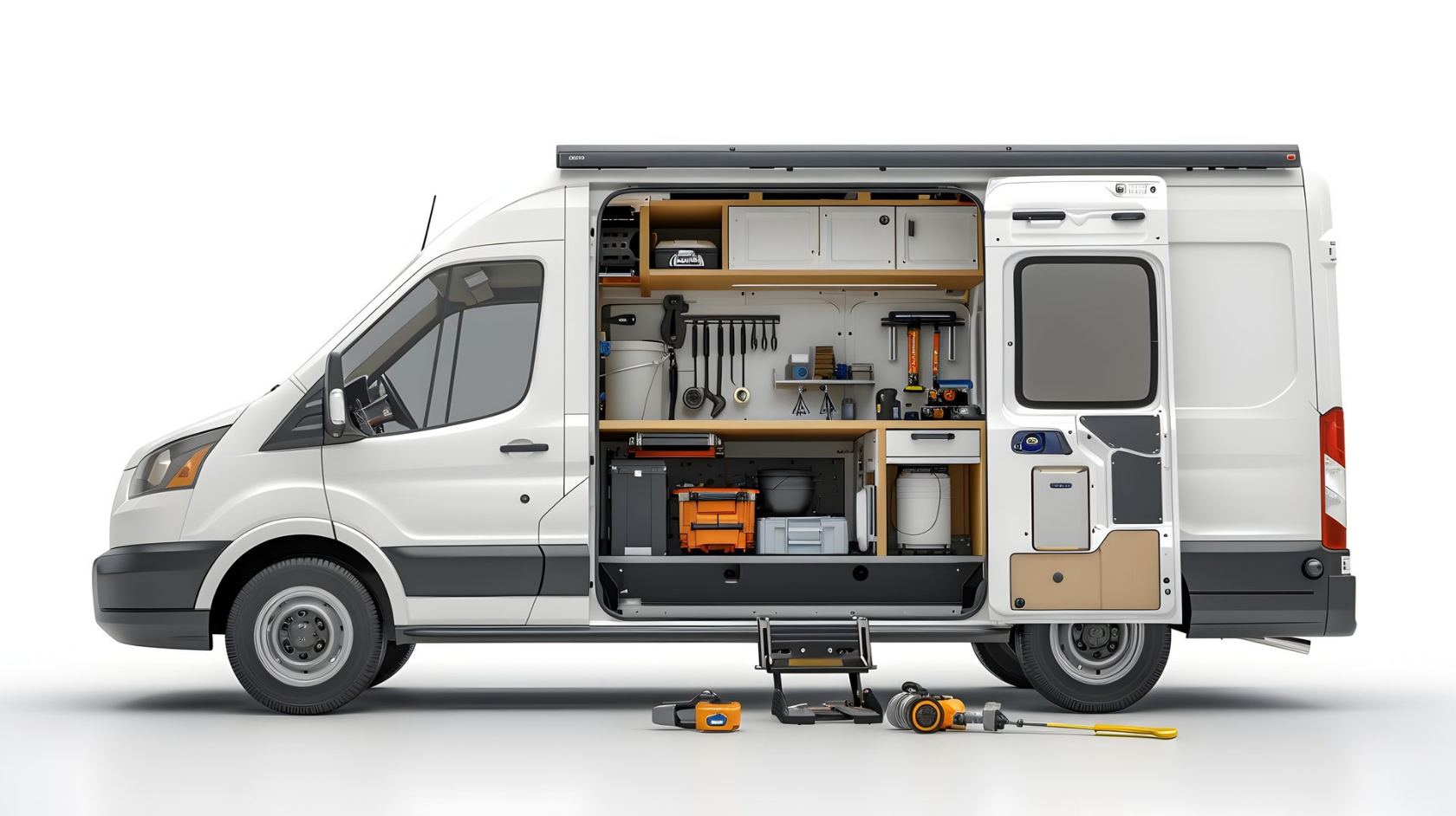 A cutaway view of a perfectly organized work van, every tool and strap in its place