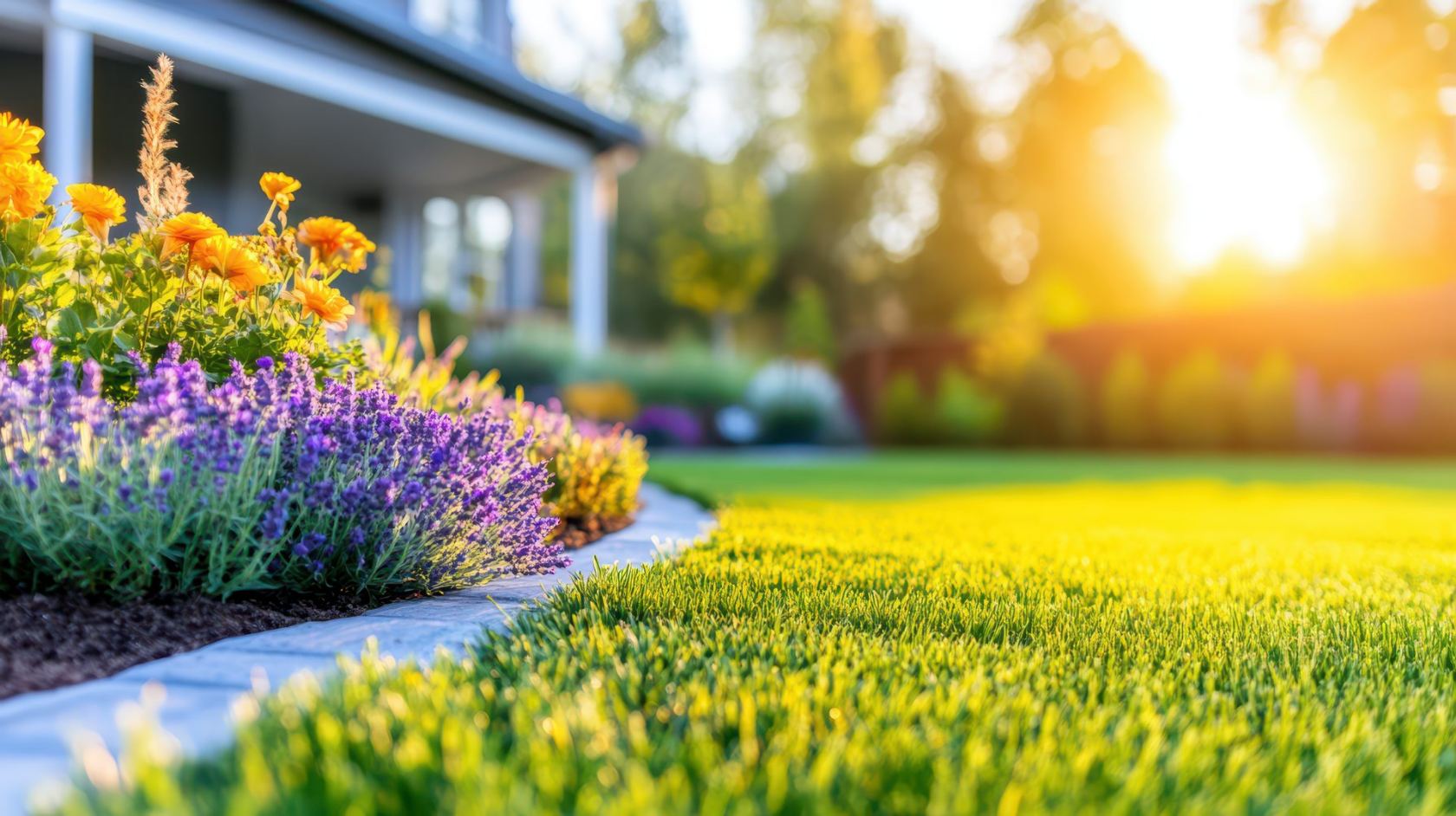 Flower beds glowing at sunset