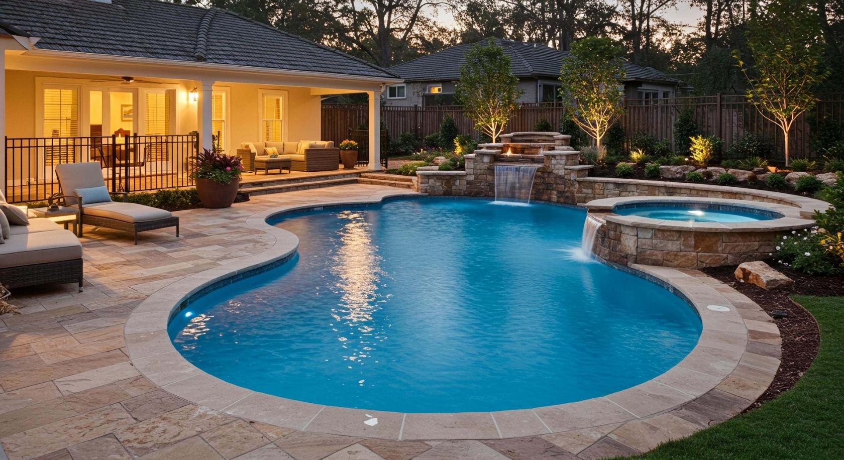 Backyard pool patio in warm evening light