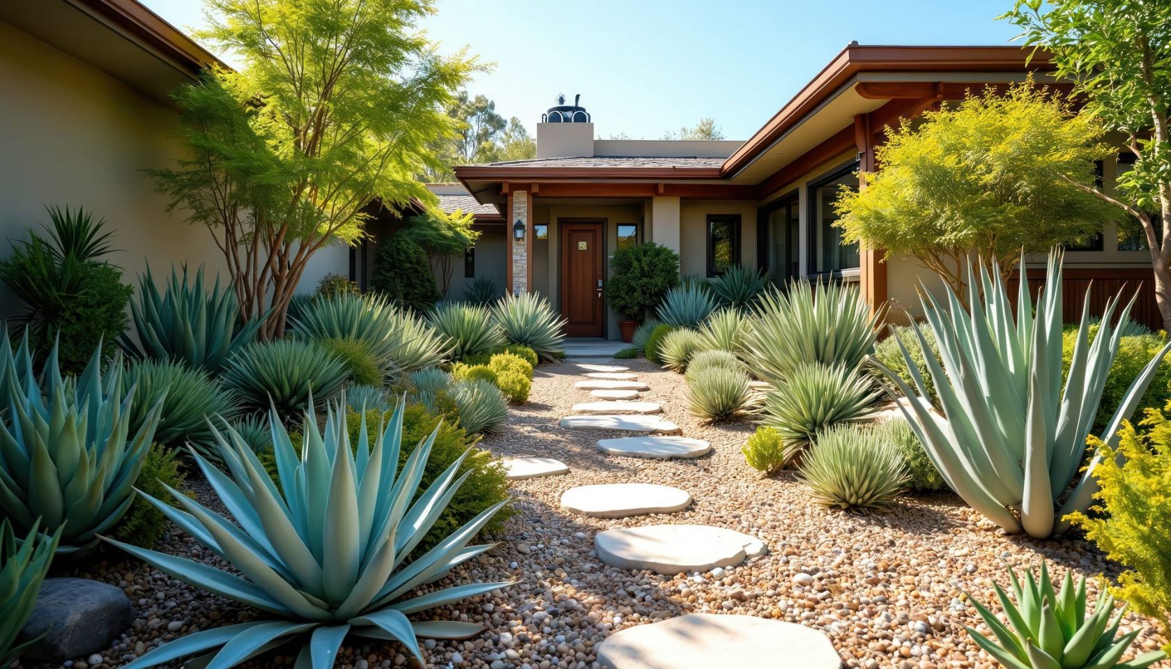 Stone-slab walkway through agave beds toward the house