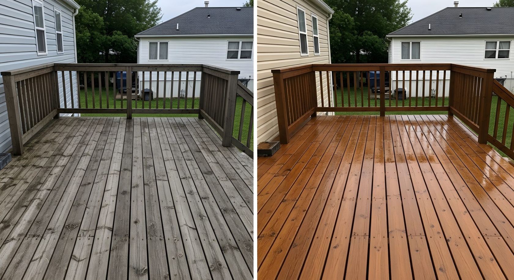A finished backyard deck, newly stained, the wood grain glowing