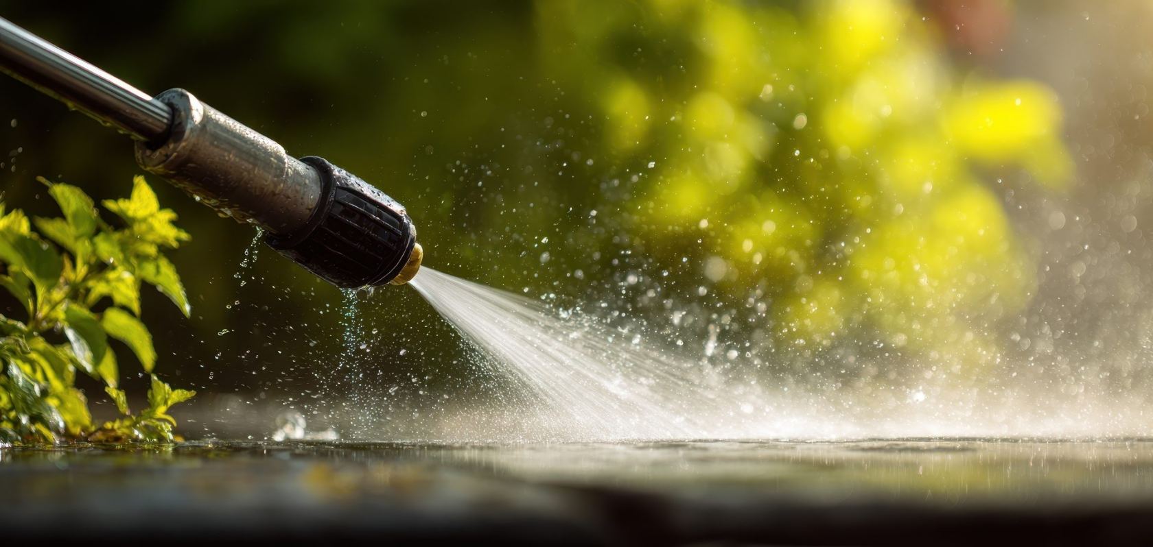 A pressure nozzle cutting through grime, spray backlit