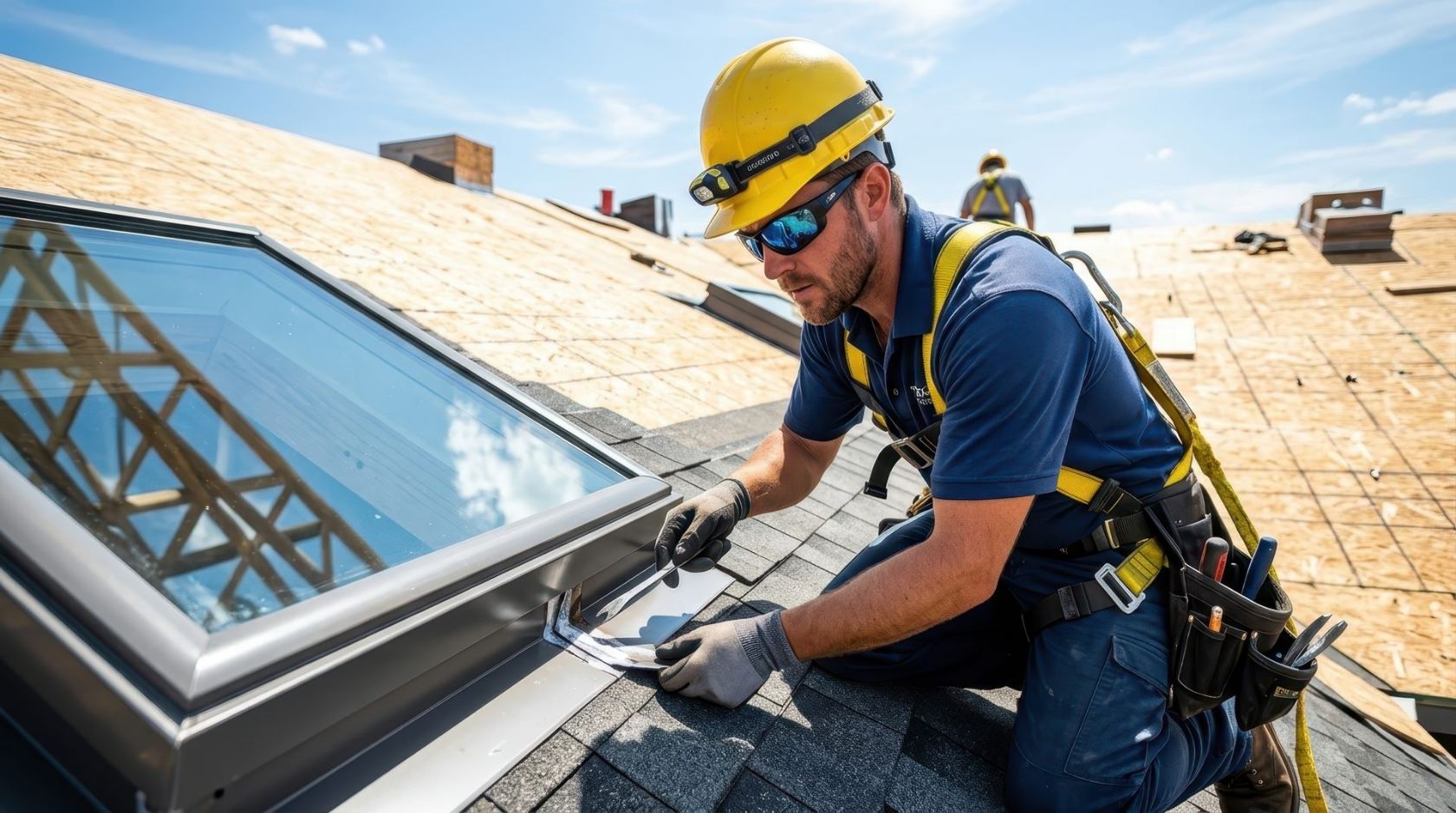 Technician in a hard hat working on a rooftop skylight