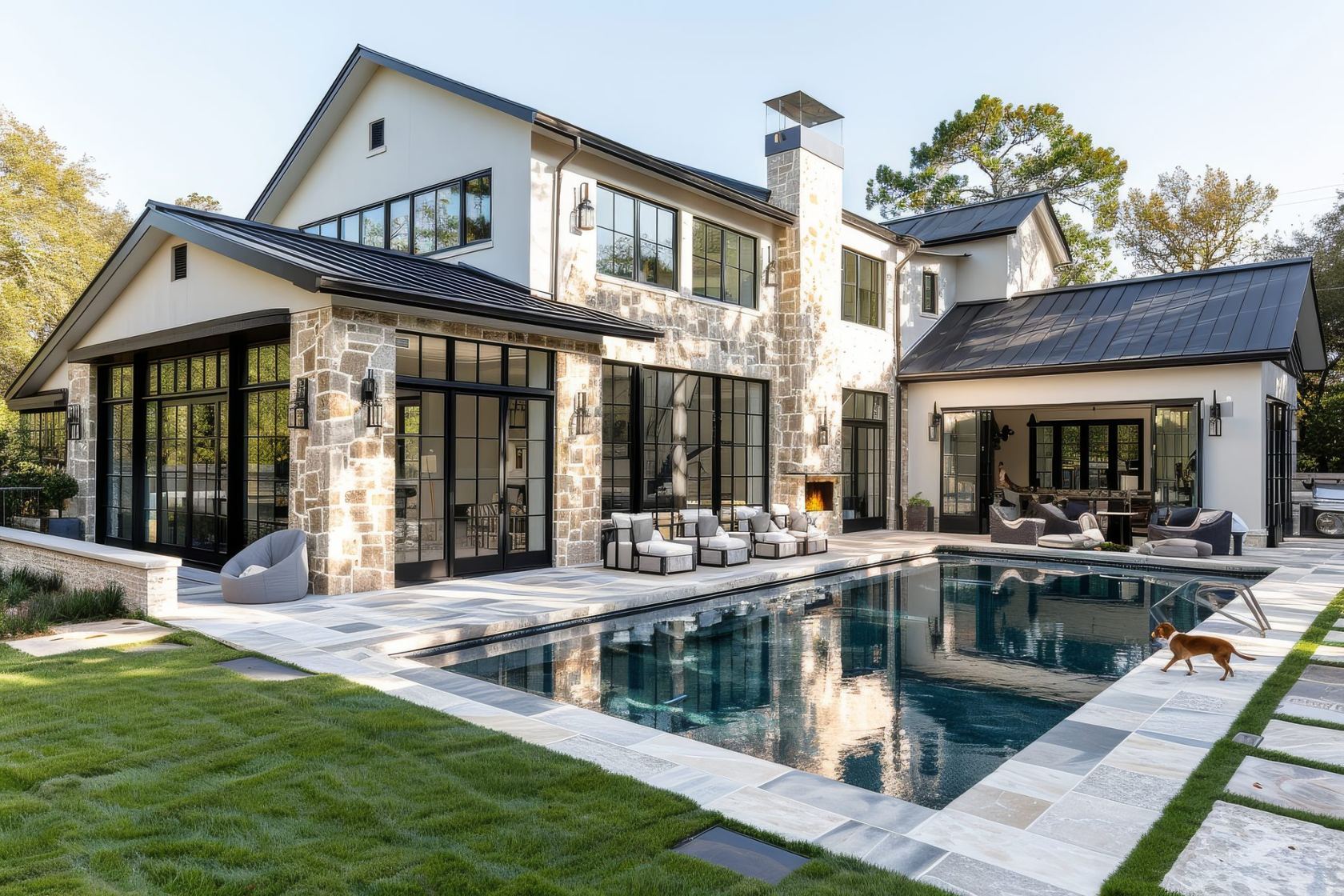 Modern white house with floor-to-ceiling glass walls beside a pool