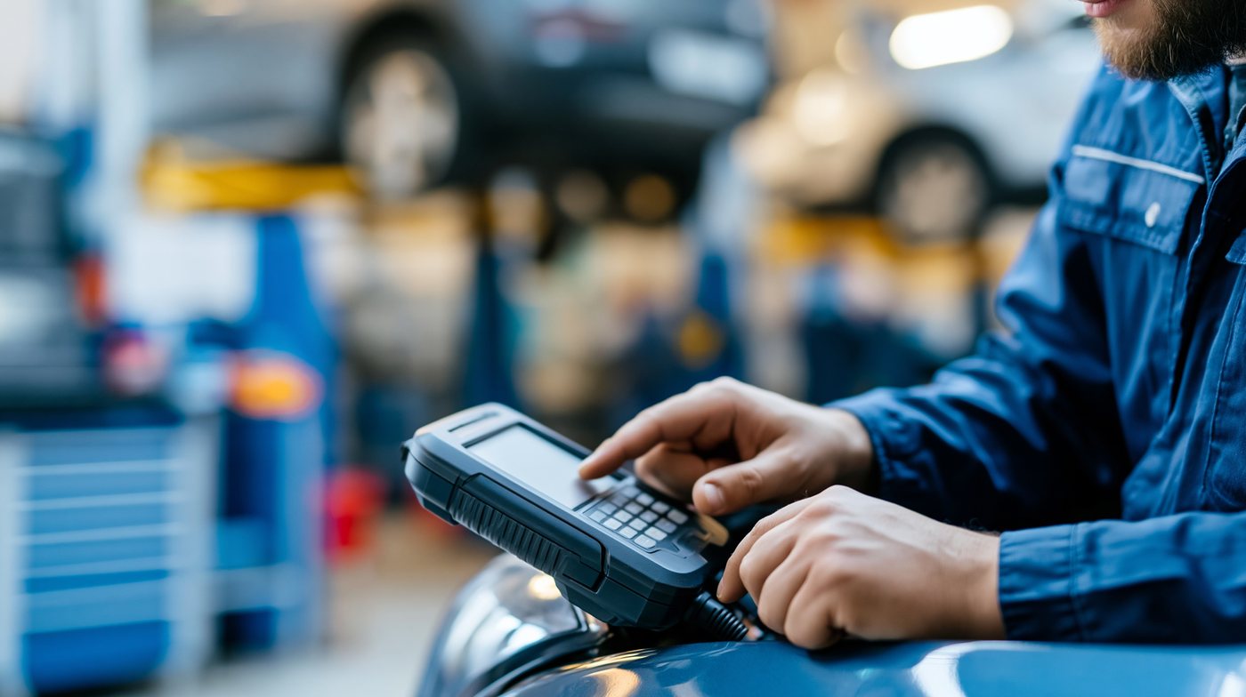 Technician running an OBD diagnostic scan on a vehicle in the shop. Proof the fix took, no codes