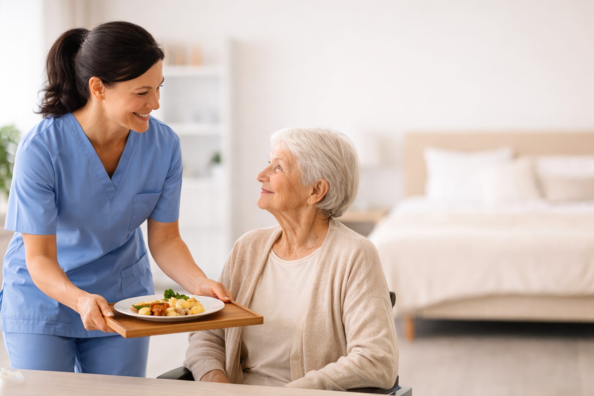 The caregiver serving today's lunch, photographed for the family