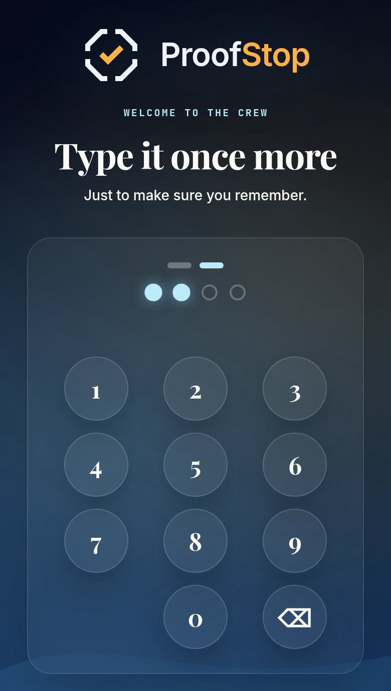 The same setup screen a step later: Type it once more, just to make sure you remember, two of four dots filled.