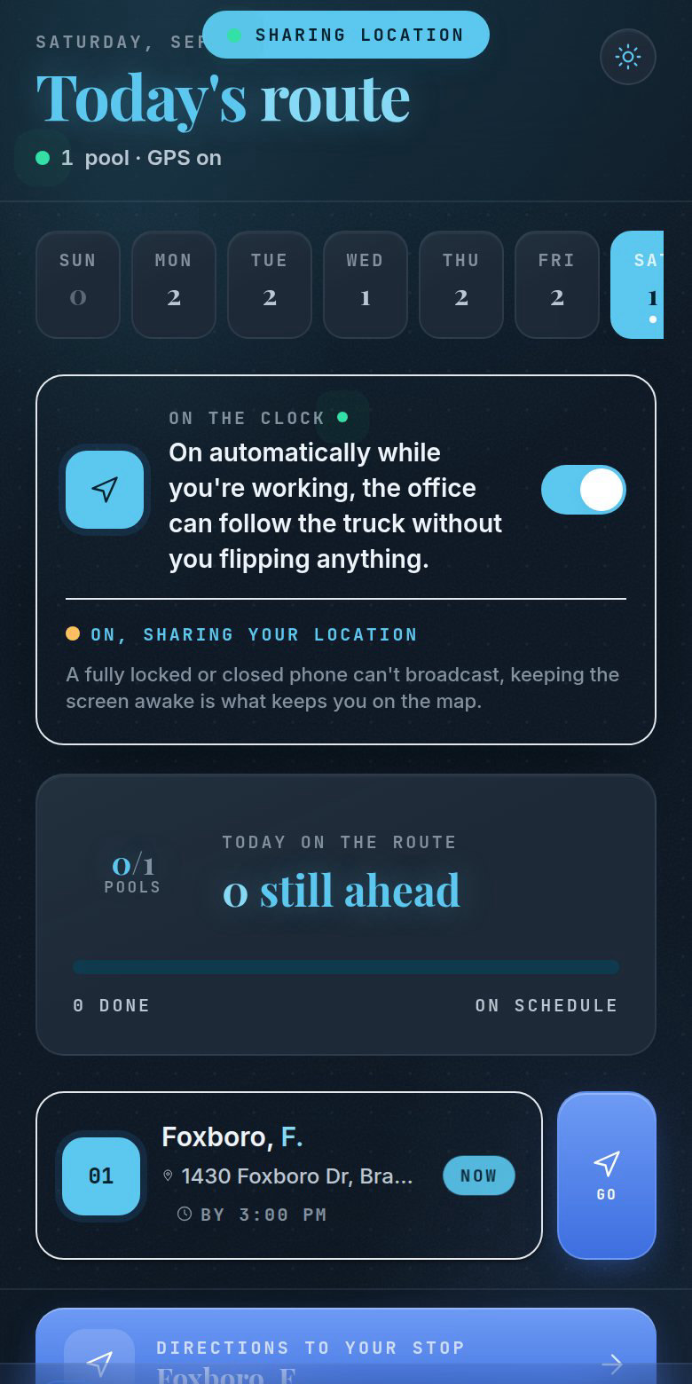Today's route in dark mode with a Sharing location badge, the On the clock switch turned on, and a Directions to your stop banner at the bottom: the office can follow the truck, and the app hands the tech directions to the next stop.