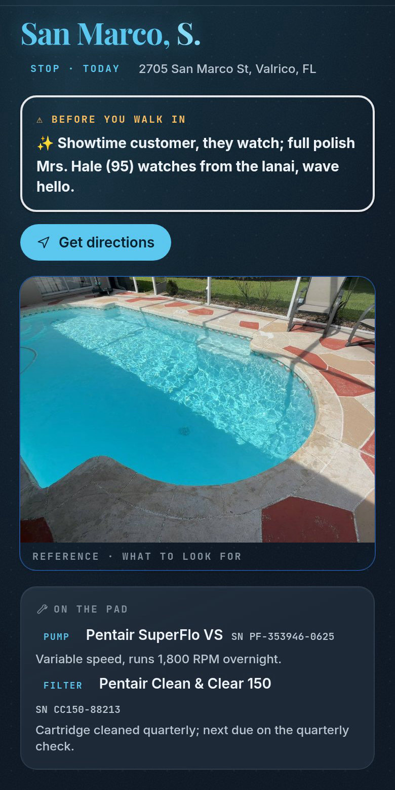 The San Marco stop: a Before you walk in card saying showtime customer and Mrs. Hale watches from the lanai, a reference photo of the pool, and On the pad with the pump and filter serial numbers.