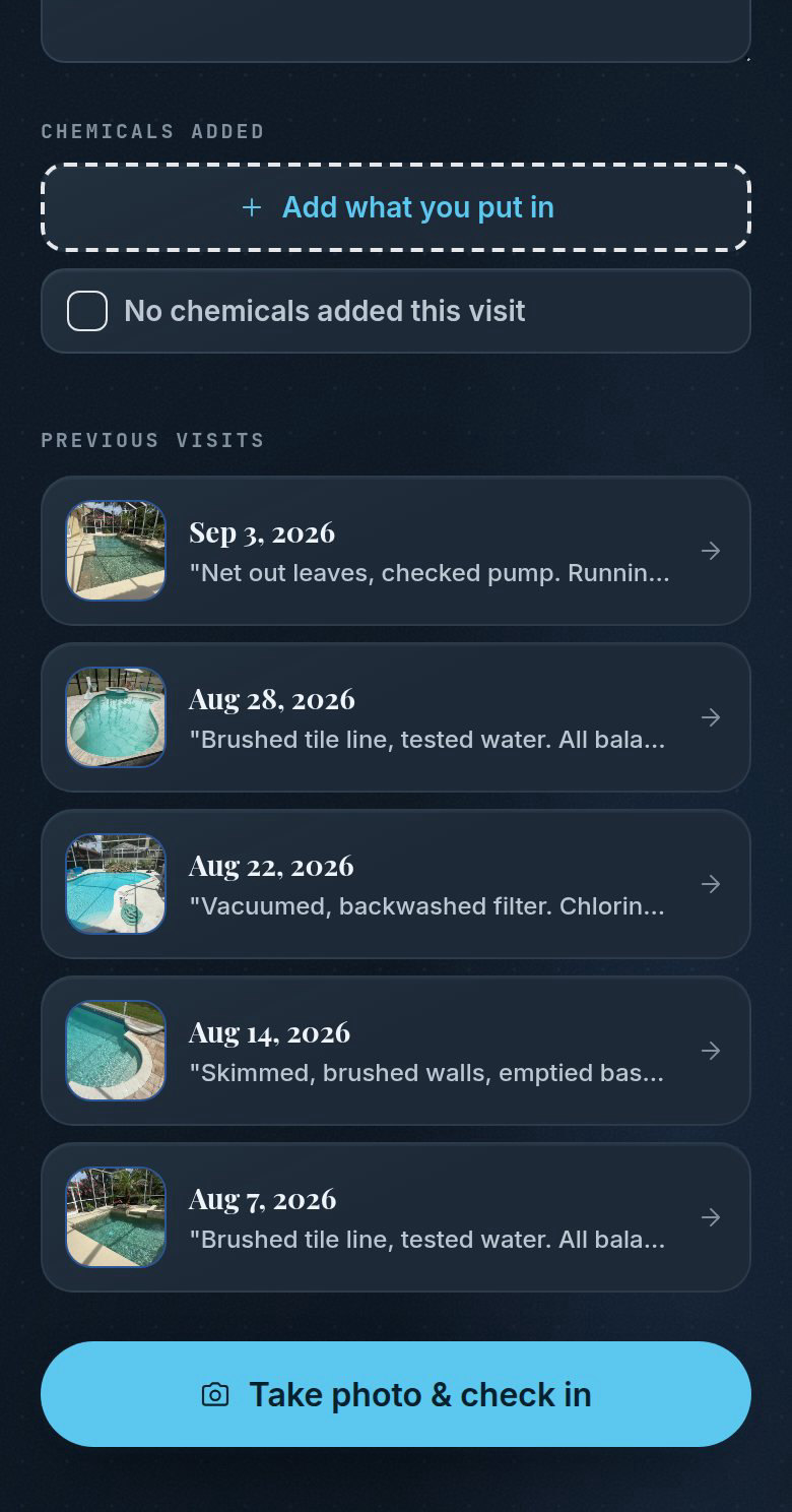 The Chemicals added block: Add what you put in, a checkbox for No chemicals added this visit, then the list of previous visits with photos and Take photo and check in.