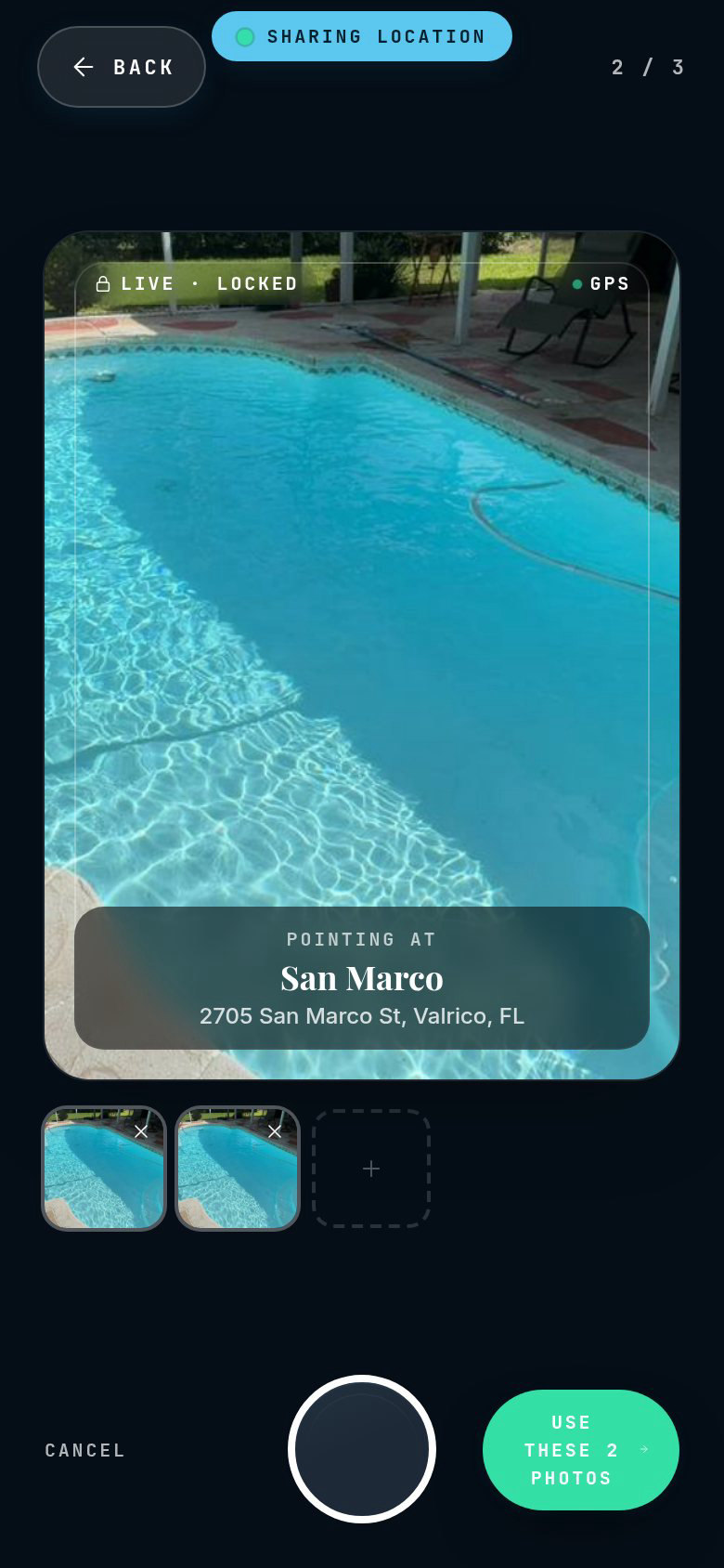 The in-app camera pointing at the San Marco pool, labelled Live, Locked and GPS, two thumbnails taken, a shutter button and Use these 2 photos.