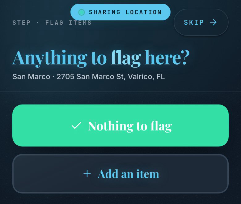 The flag step: Anything to flag here? with a green Nothing to flag button and Add an item beneath it.