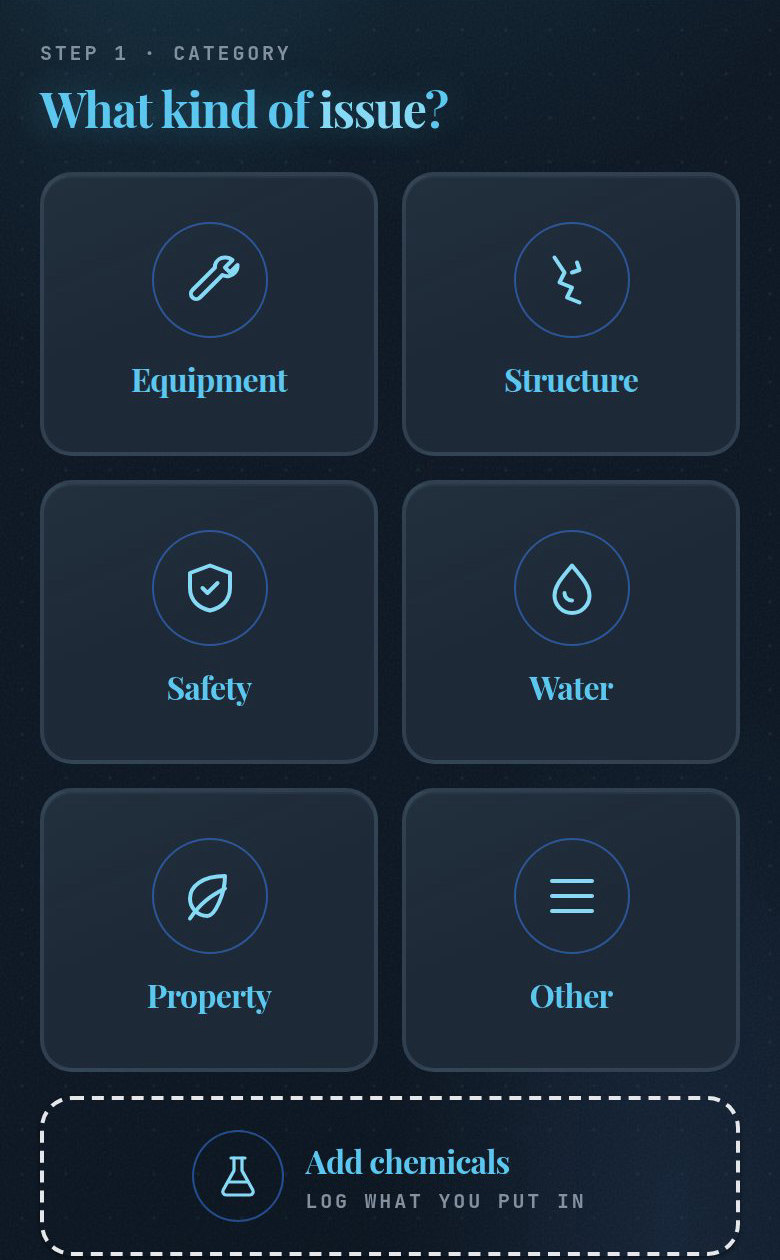 What kind of issue? Six category tiles: Equipment, Structure, Safety, Water, Property, Other, and an Add chemicals card.