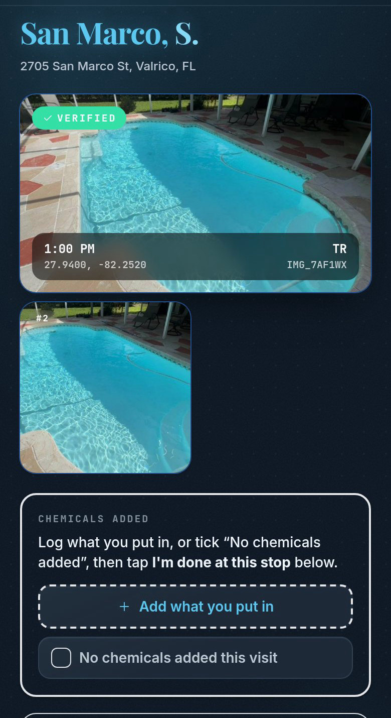 The verified visit: the pool photo with a green Verified badge and a stamp reading 1:00 PM, 27.9400, -82.2520.