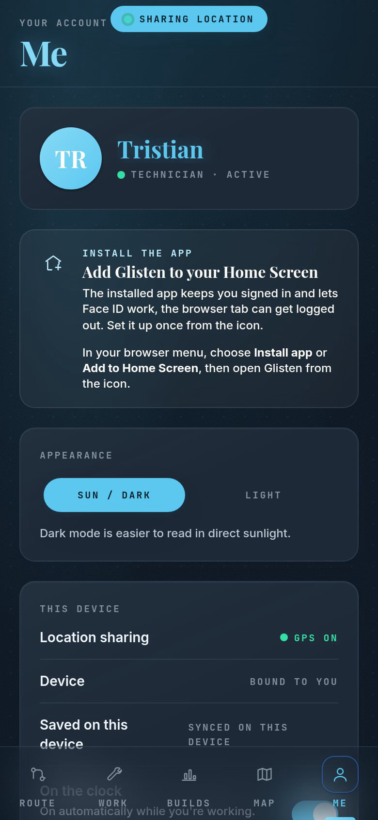 The Me tab: the tech's name and status, Add ProofStop to your Home Screen, appearance with a light and dark switch, and This device showing GPS on and the device bound to you.