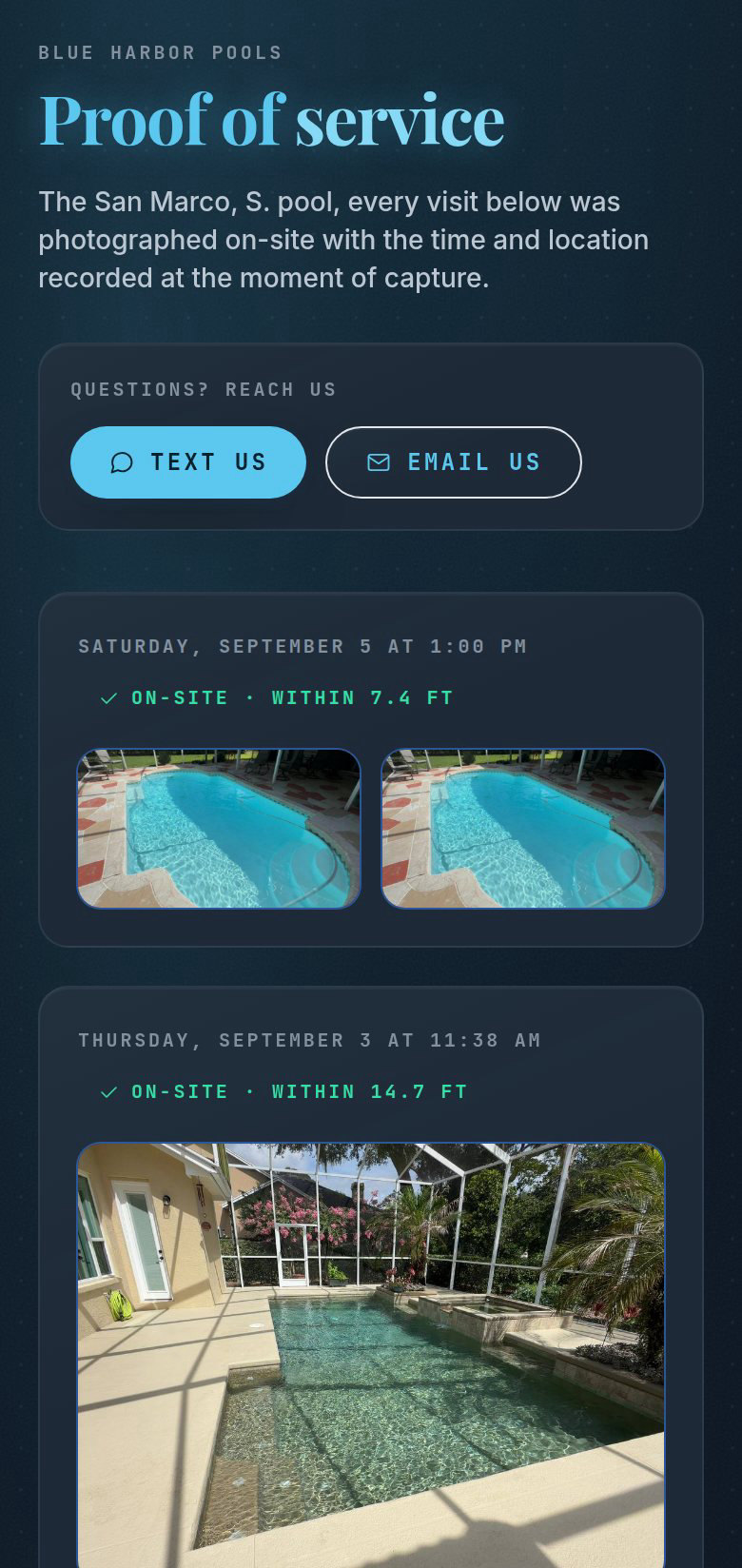 The public proof page: Proof of service for the San Marco pool, Text us and Email us buttons, and a visit card reading Saturday, September 5 at 1:00 PM, on-site within 7.4 ft, with two photos.