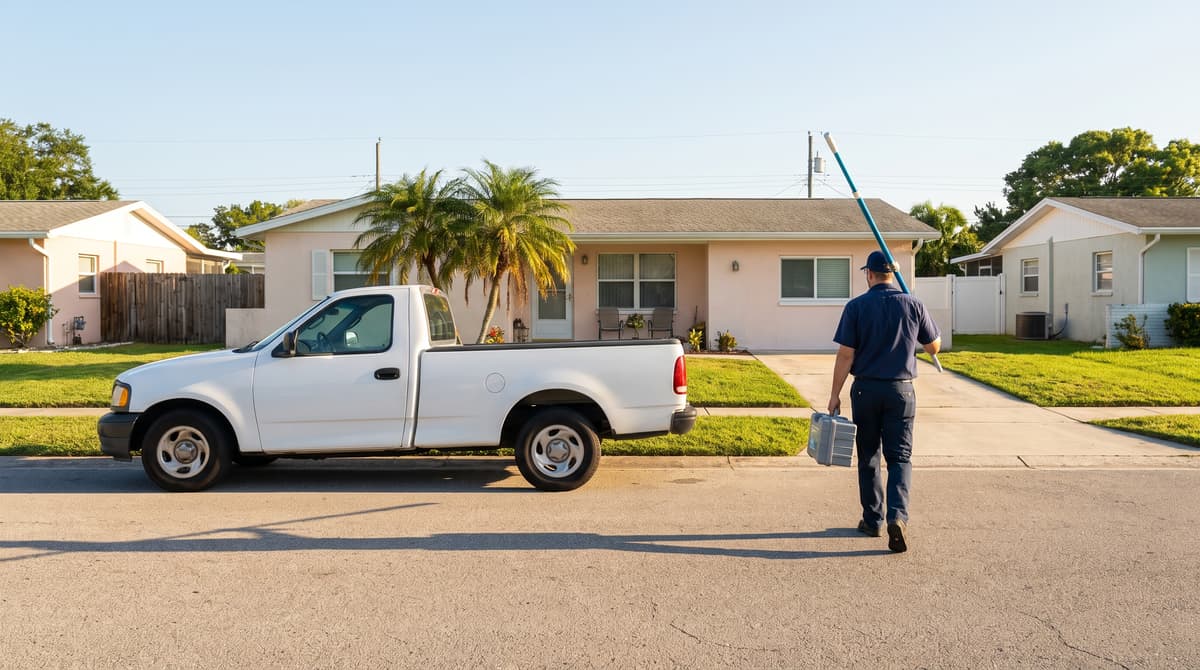A pool technician walking up a driveway from the truck, carrying a test kit and a pole